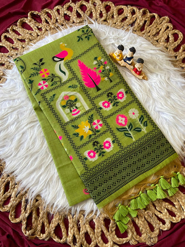 Parrot Green Jamdani Cotton Peacock Pallu Saree