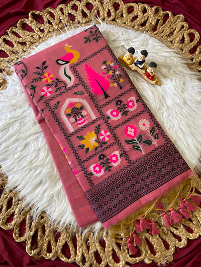 Pink Jamdani Cotton Peacock Pallu Saree