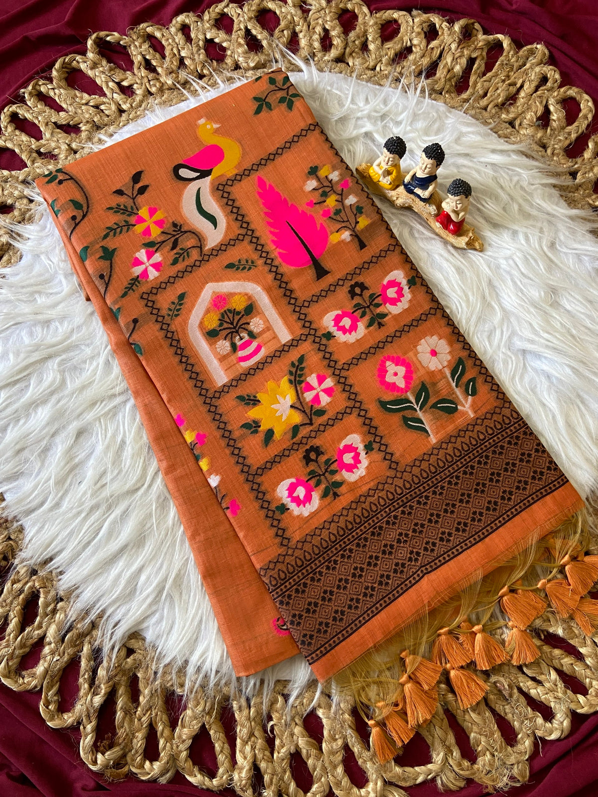 Orange Jamdani Cotton Peacock Pallu Saree