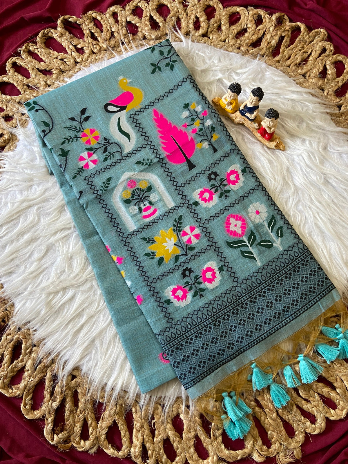 Sky Blue Jamdani Cotton Peacock Pallu Saree