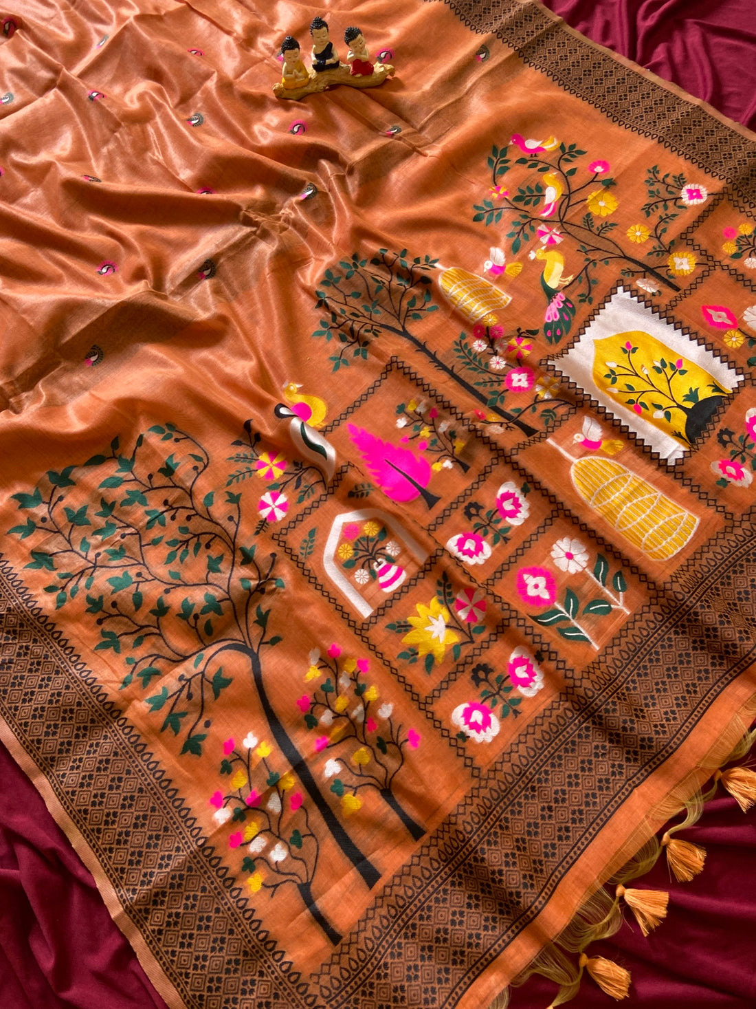 Orange Jamdani Cotton Peacock Pallu Saree