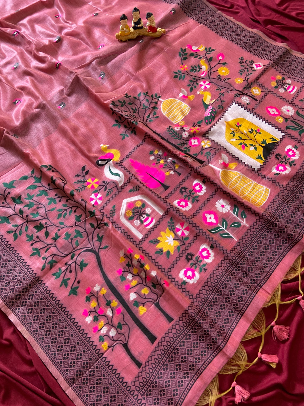 Pink Jamdani Cotton Peacock Pallu Saree, view 2