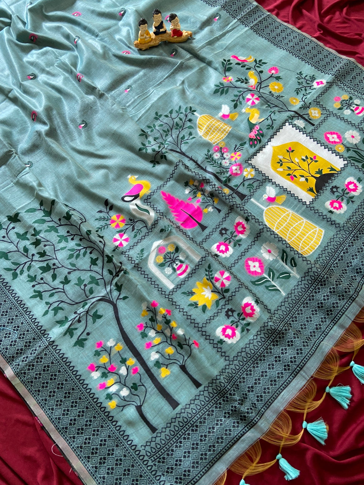 Sky Blue Jamdani Cotton Peacock Pallu Saree, view 2