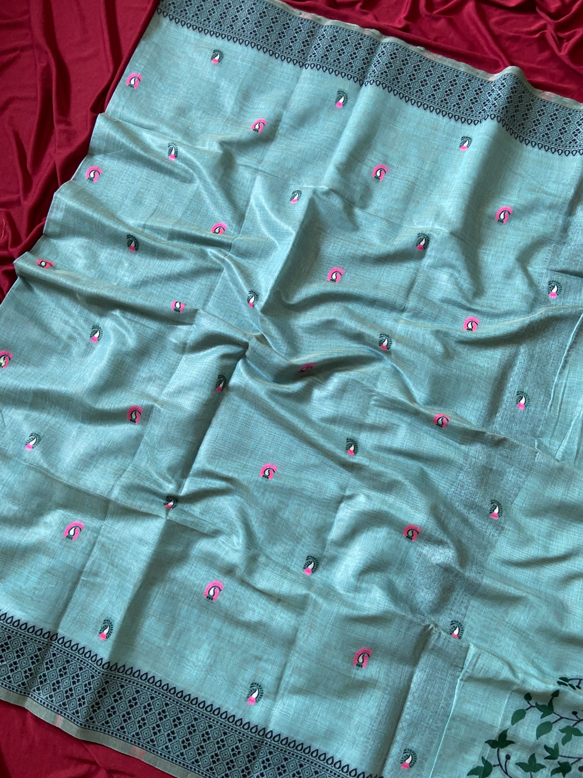 Sky Blue Jamdani Cotton Peacock Pallu Saree, view 3