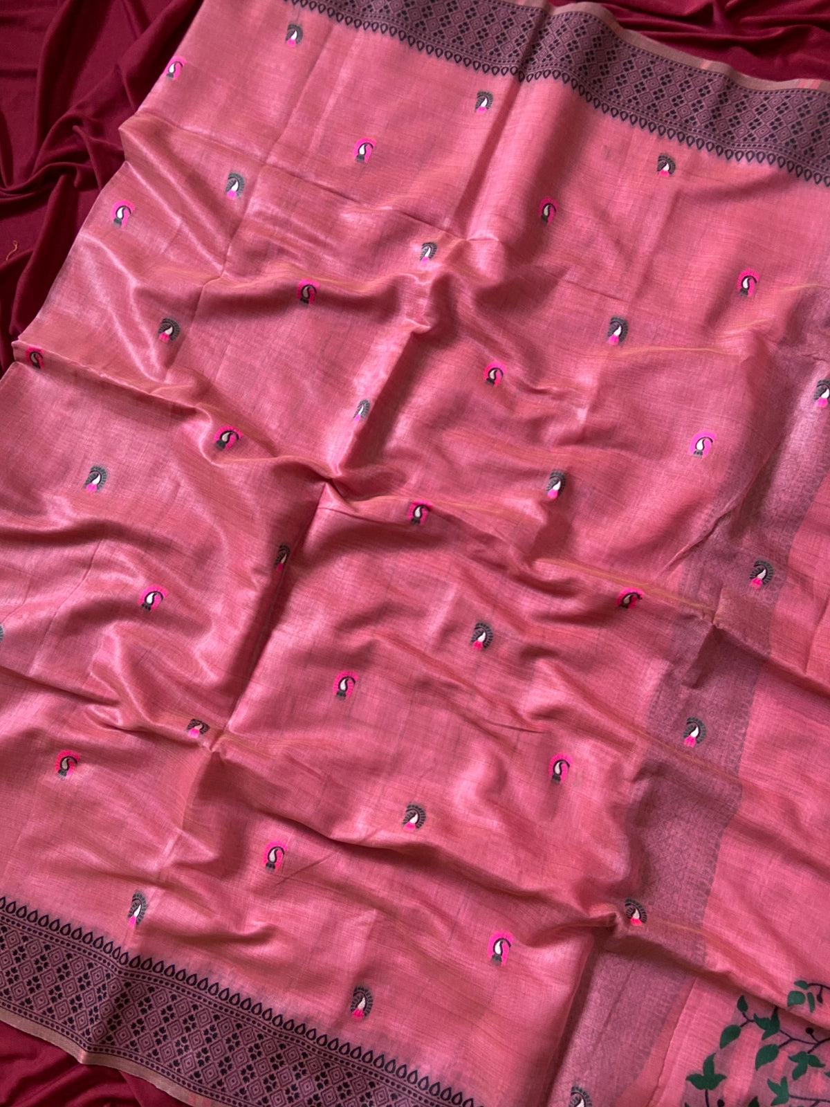 Pink Jamdani Cotton Peacock Pallu Saree, view 3