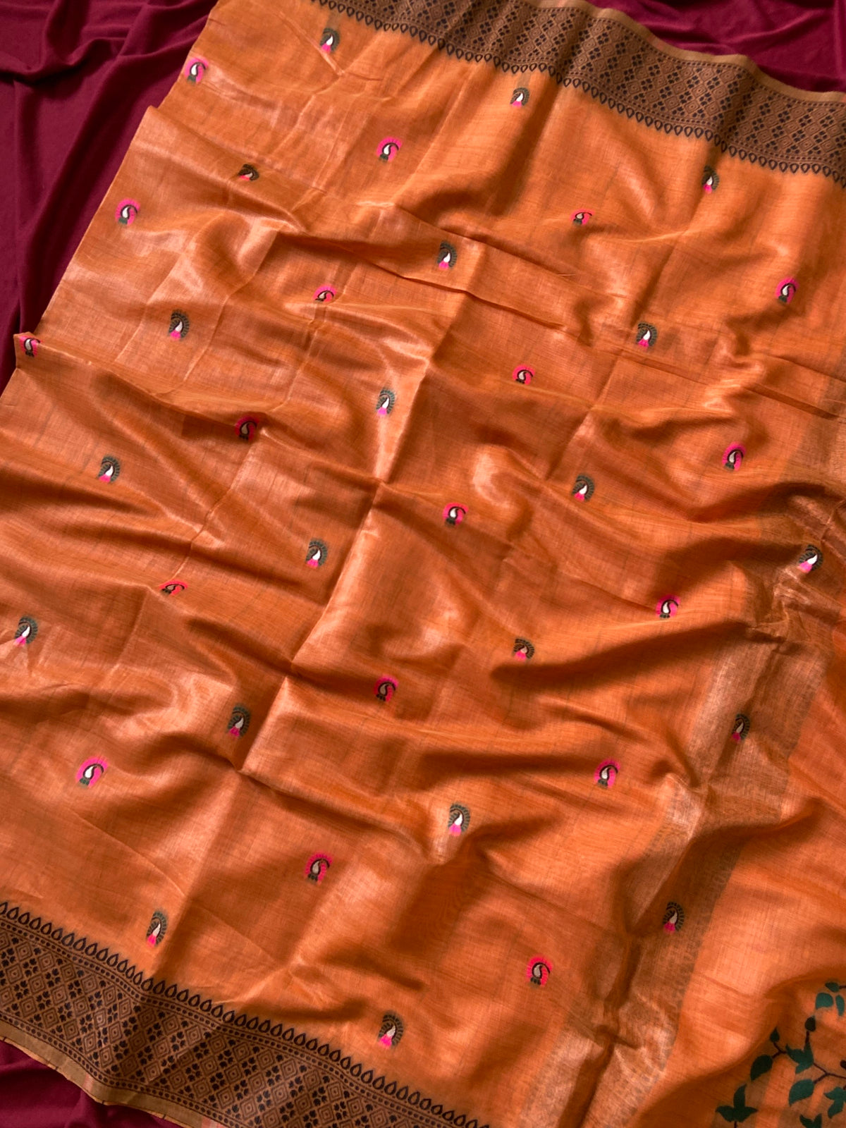 Orange Jamdani Cotton Peacock Pallu Saree, view 3
