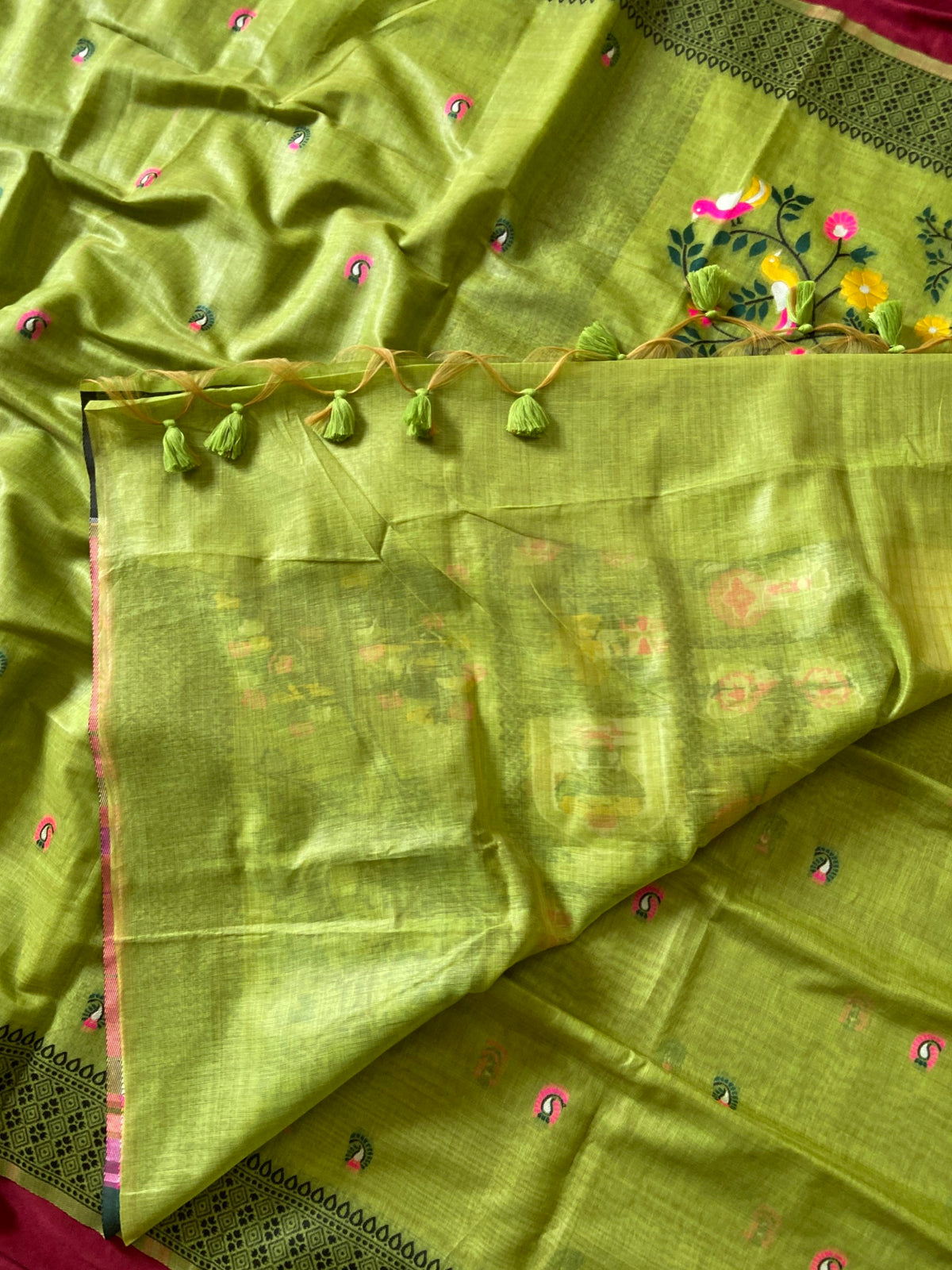 Parrot Green Jamdani Cotton Peacock Pallu Saree, view 4