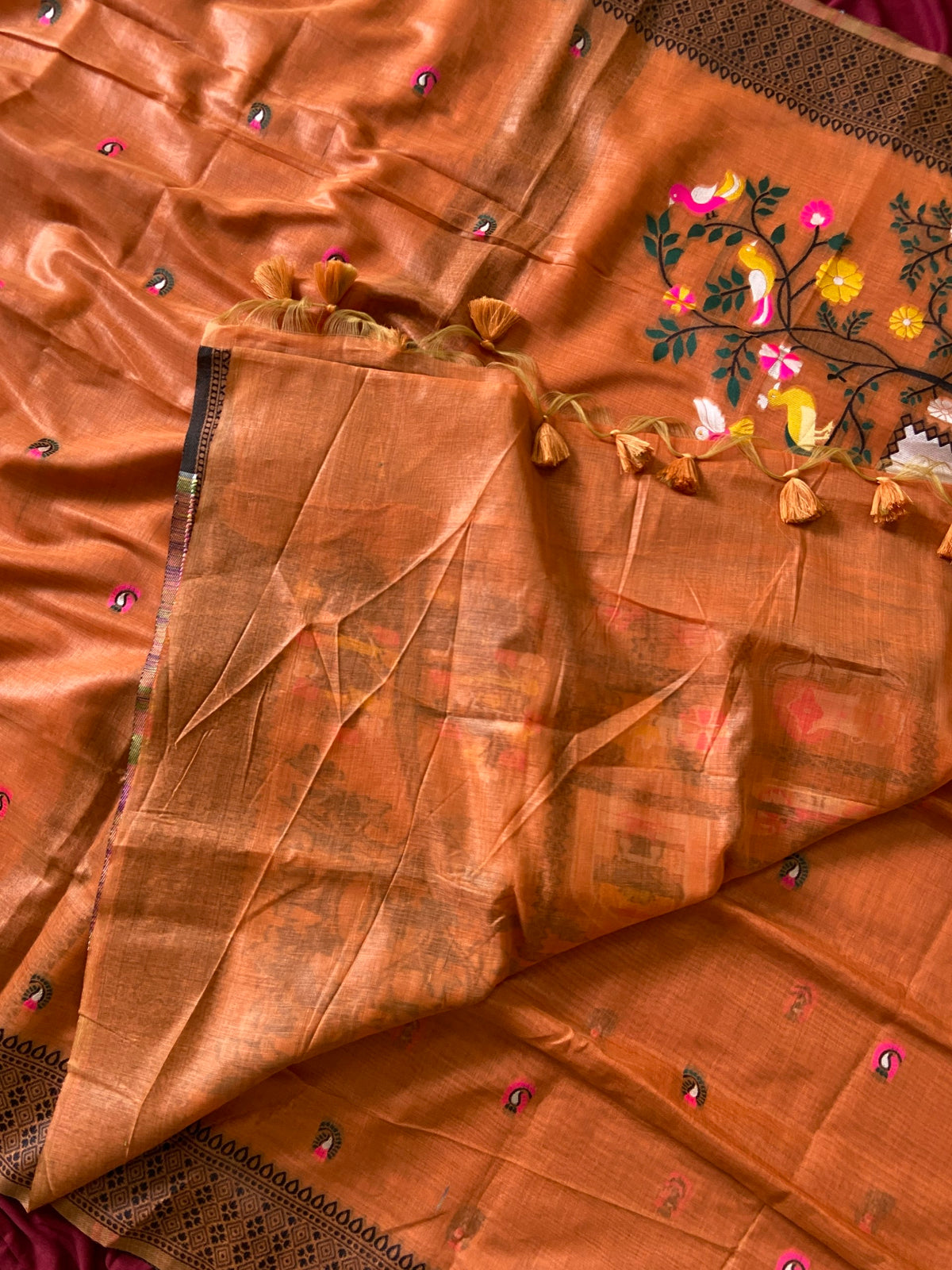 Orange Jamdani Cotton Peacock Pallu Saree, view 4