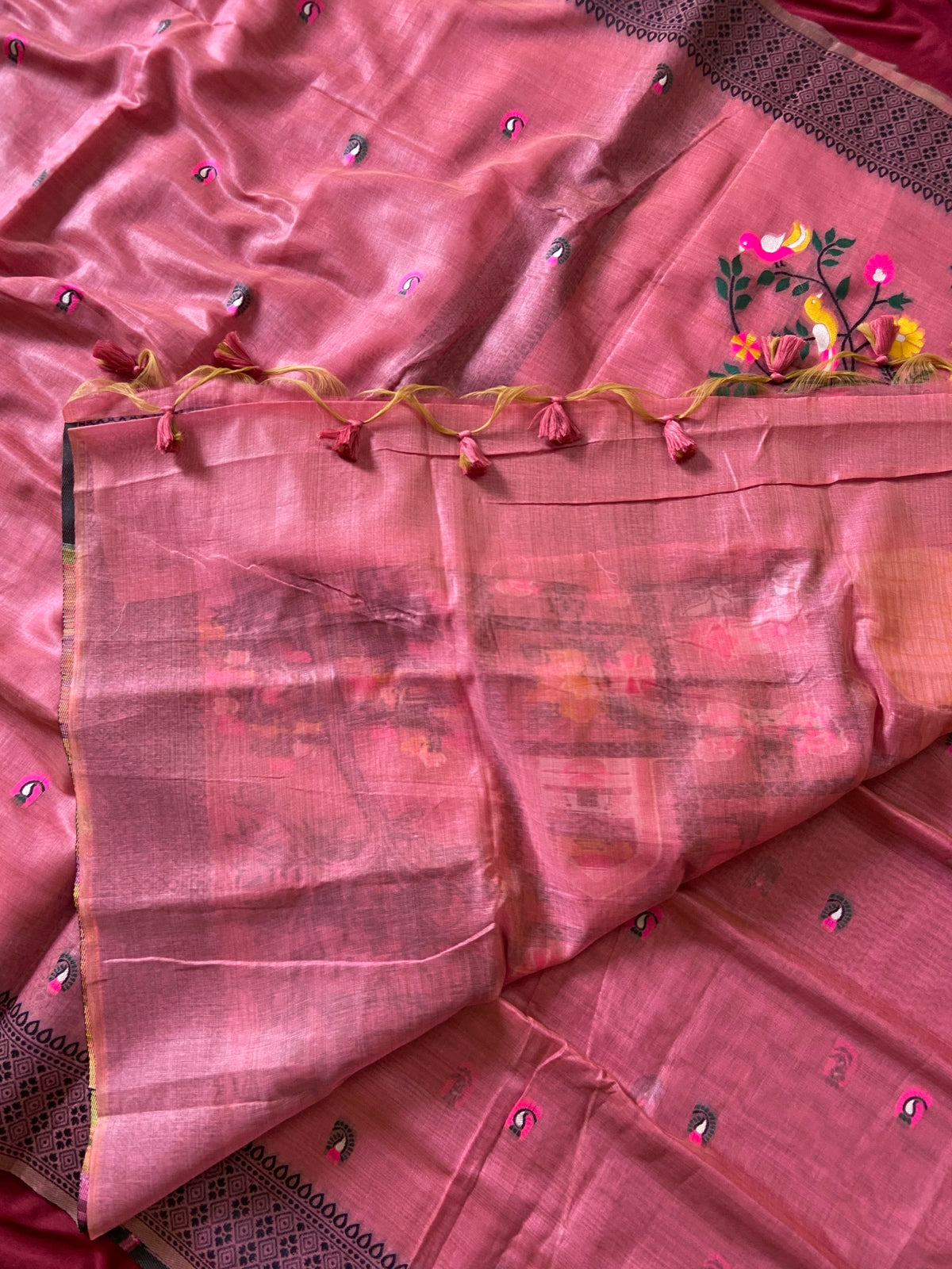 Pink Jamdani Cotton Peacock Pallu Saree, view 4