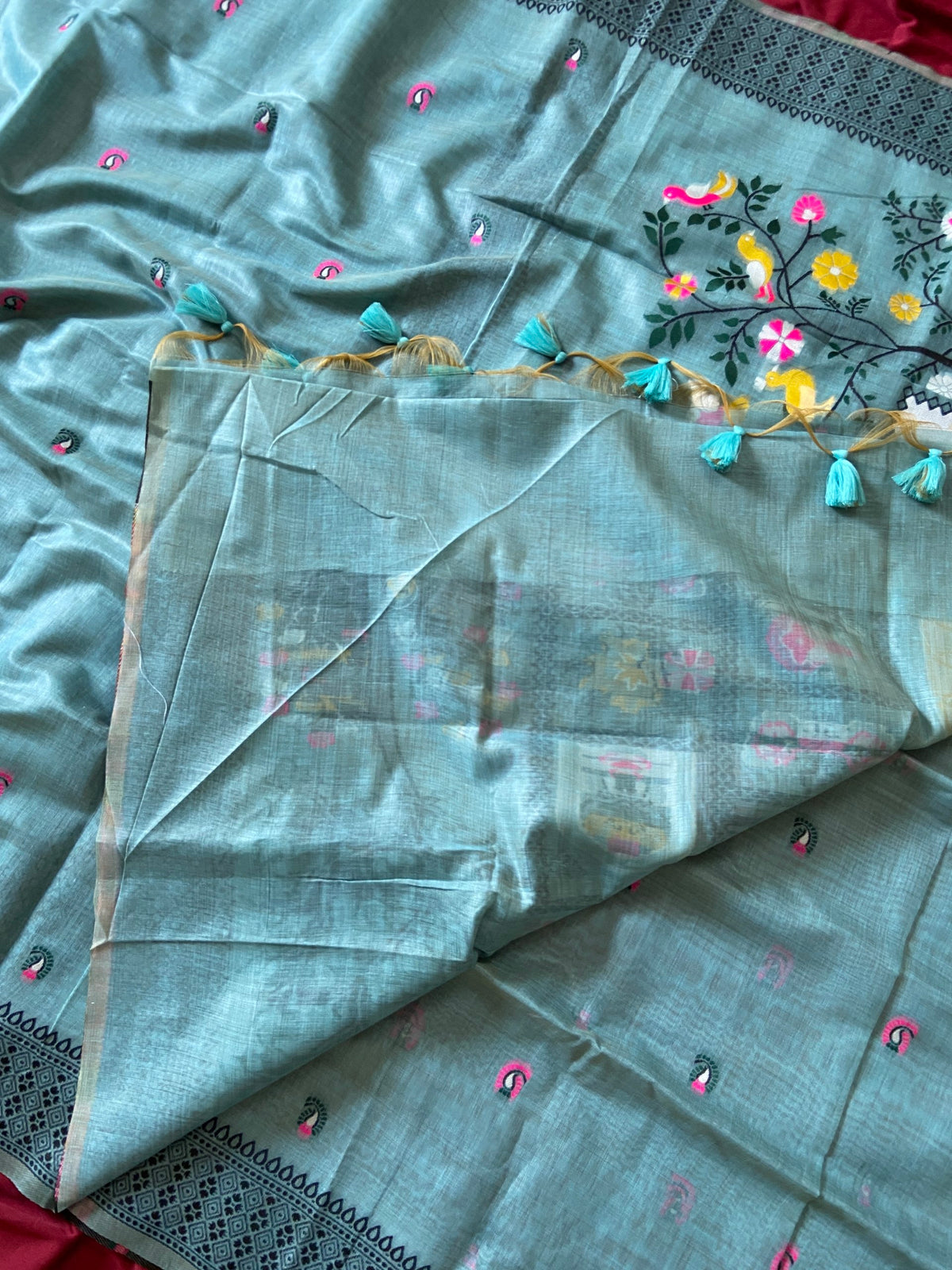 Sky Blue Jamdani Cotton Peacock Pallu Saree, view 4