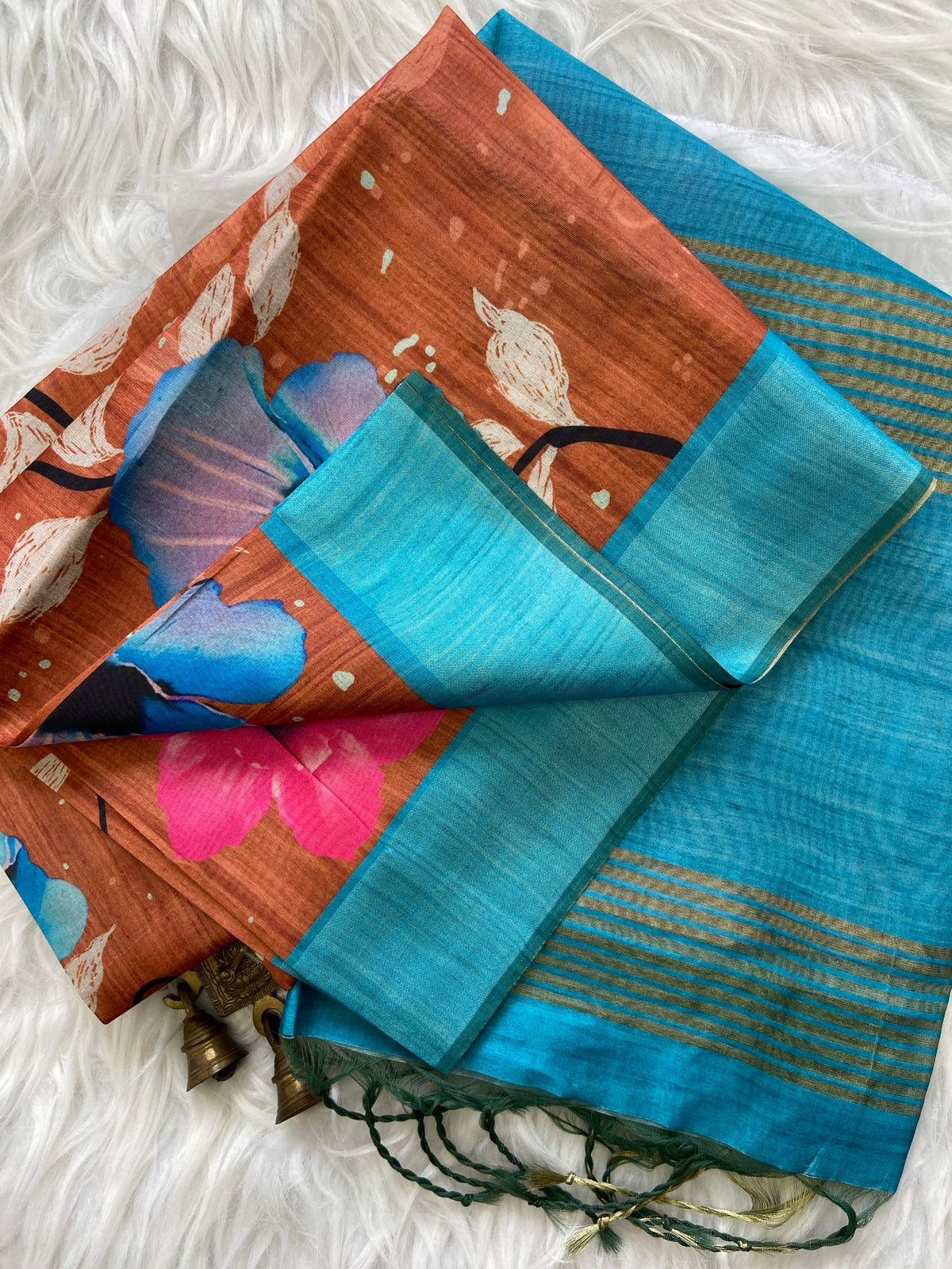 Rust and Sky Blue Tussar Silk Printed Saree with Contrast Pallu