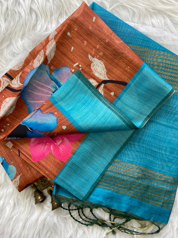 Rust and Sky Blue Tussar Silk Printed Saree with Contrast Pallu