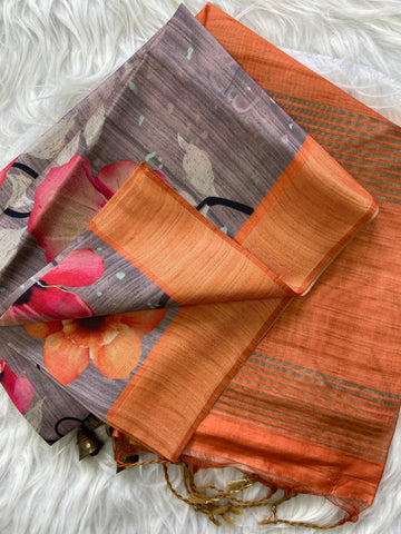 Grey and Orange Tussar Silk Printed Saree with Contrast Pallu