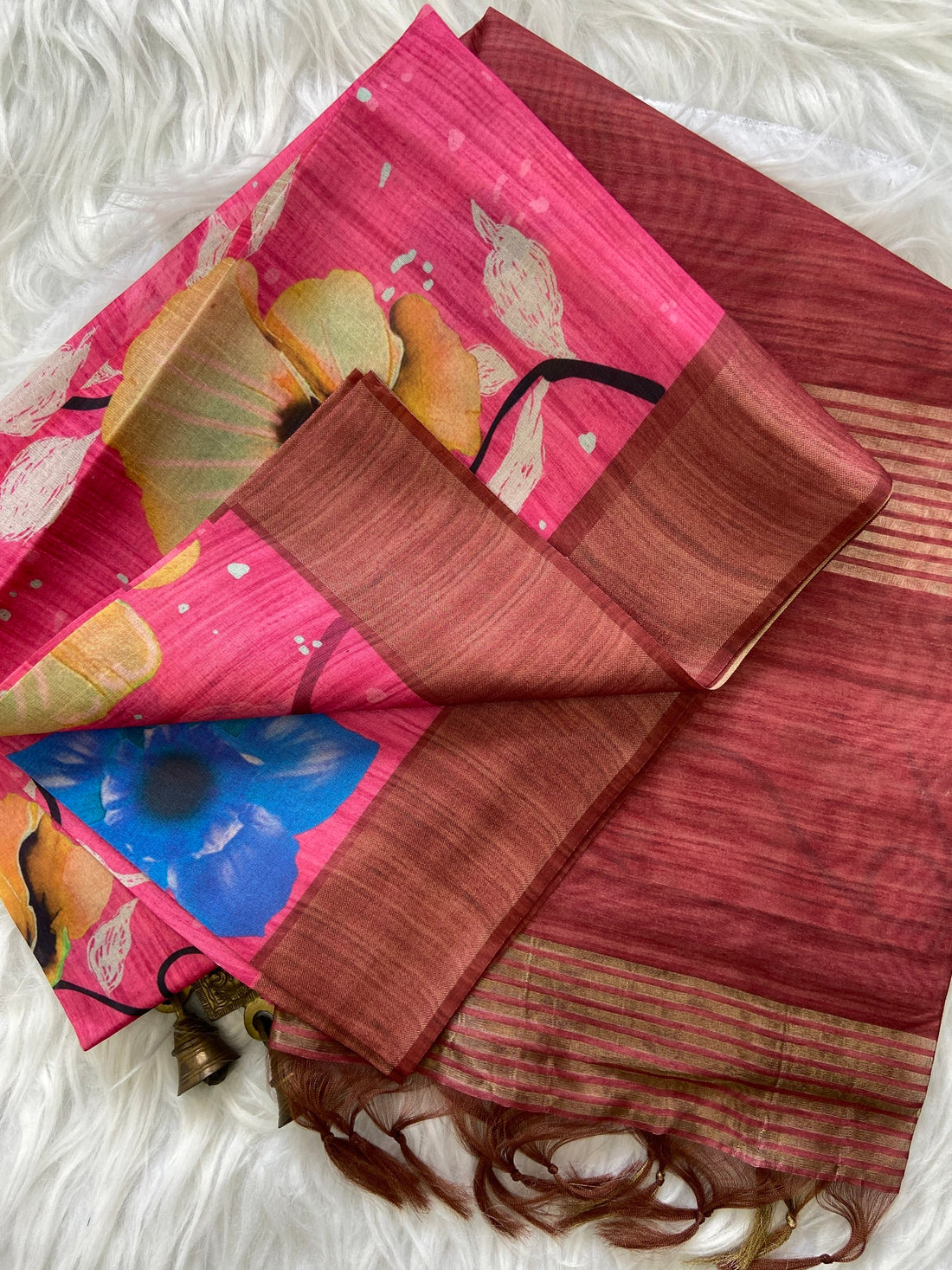 Rani Pink and Maroon Tussar Silk Printed Saree with Contrast Pallu