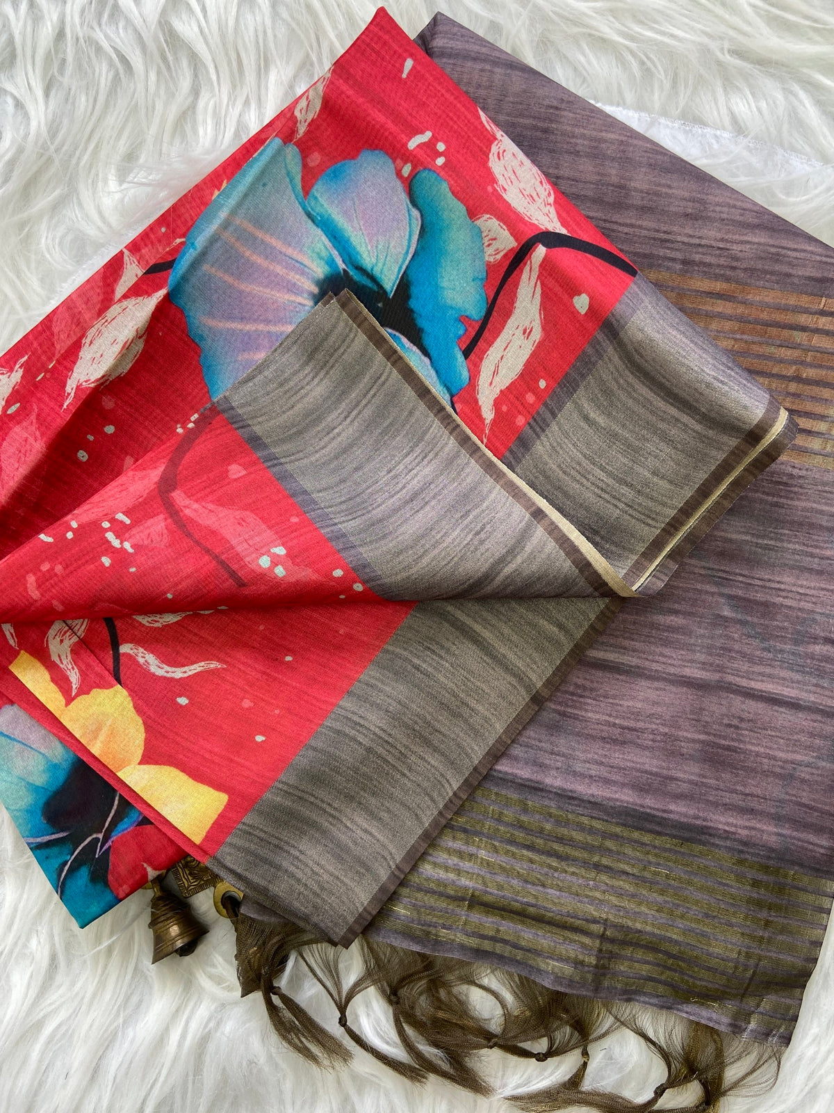 Red and Grey Tussar Silk Printed Saree with Contrast Pallu