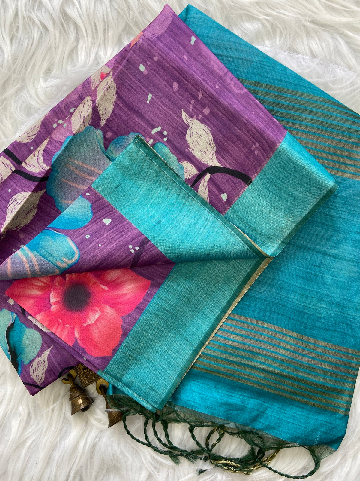 Purple and Sky Blue Tussar Silk Printed Saree with Contrast Pallu