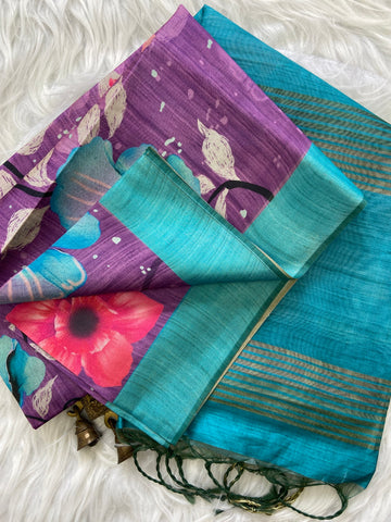 Purple and Sky Blue Tussar Silk Printed Saree with Contrast Pallu
