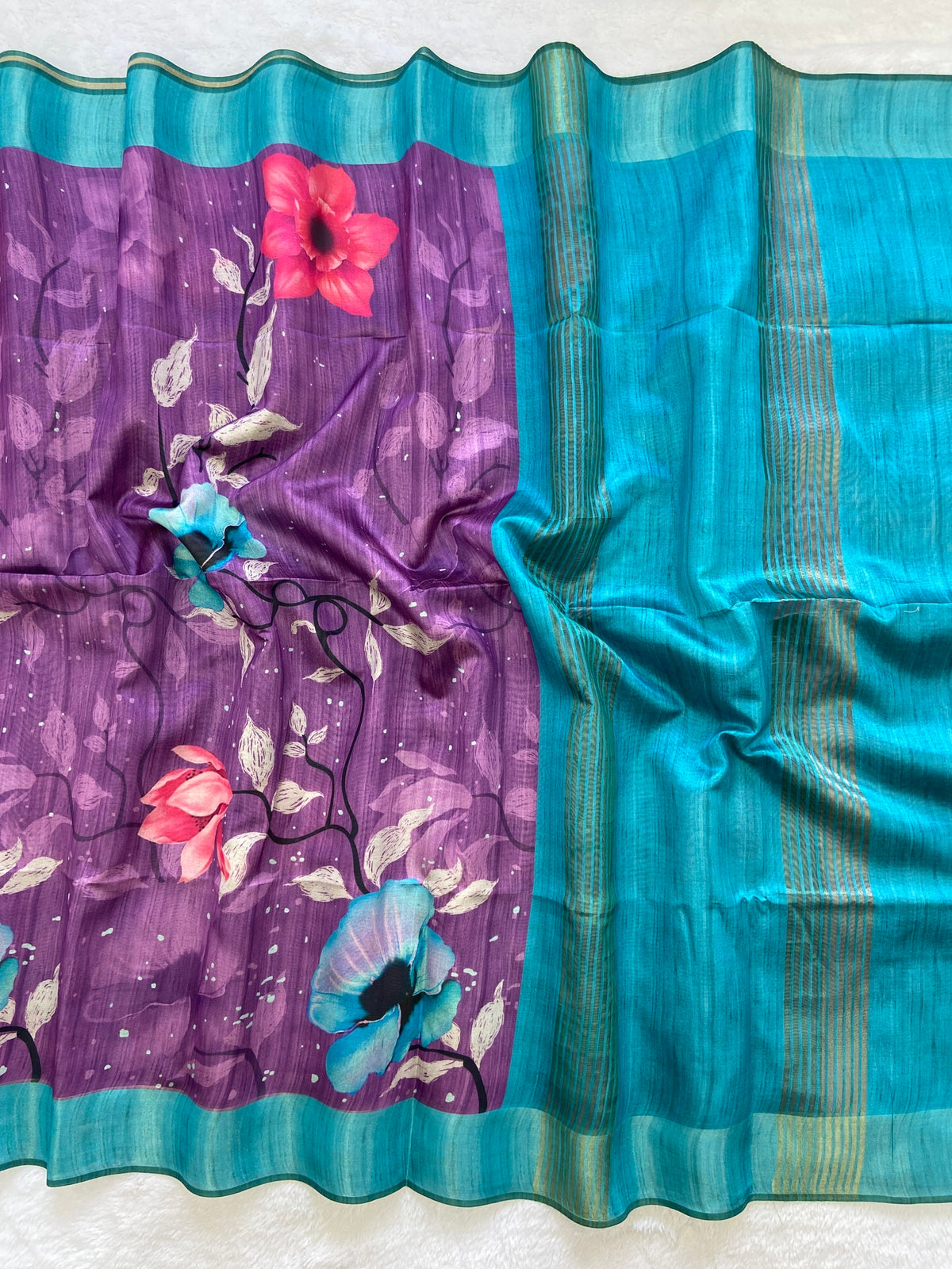 Purple and Sky Blue Tussar Silk Printed Saree with Contrast Pallu, view 2