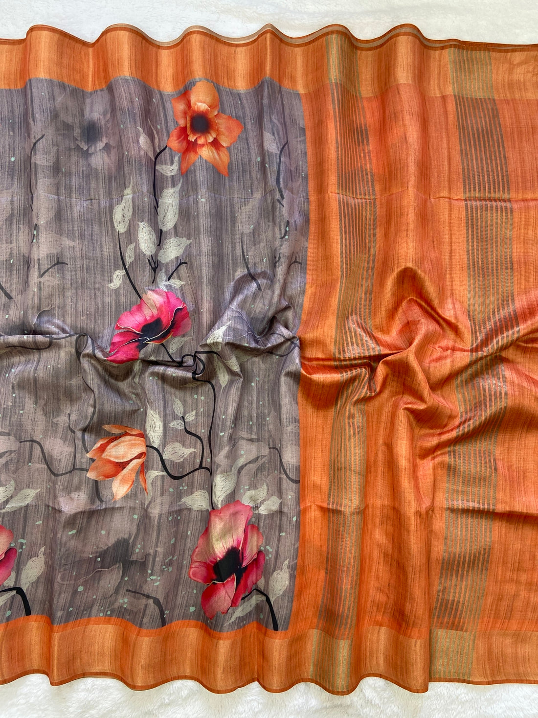 Grey and Orange Tussar Silk Printed Saree with Contrast Pallu