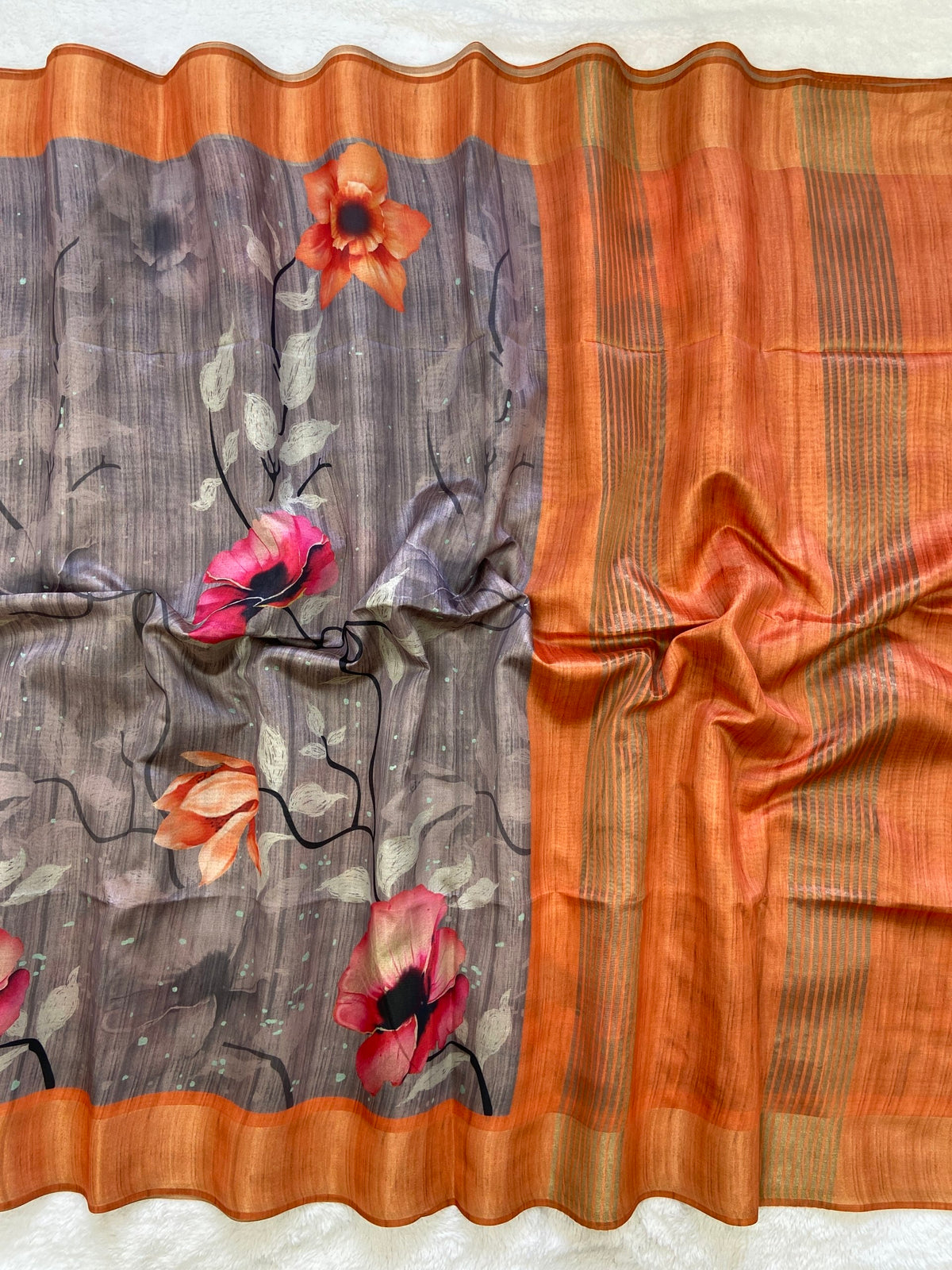 Grey and Orange Tussar Silk Printed Saree with Contrast Pallu, view 2