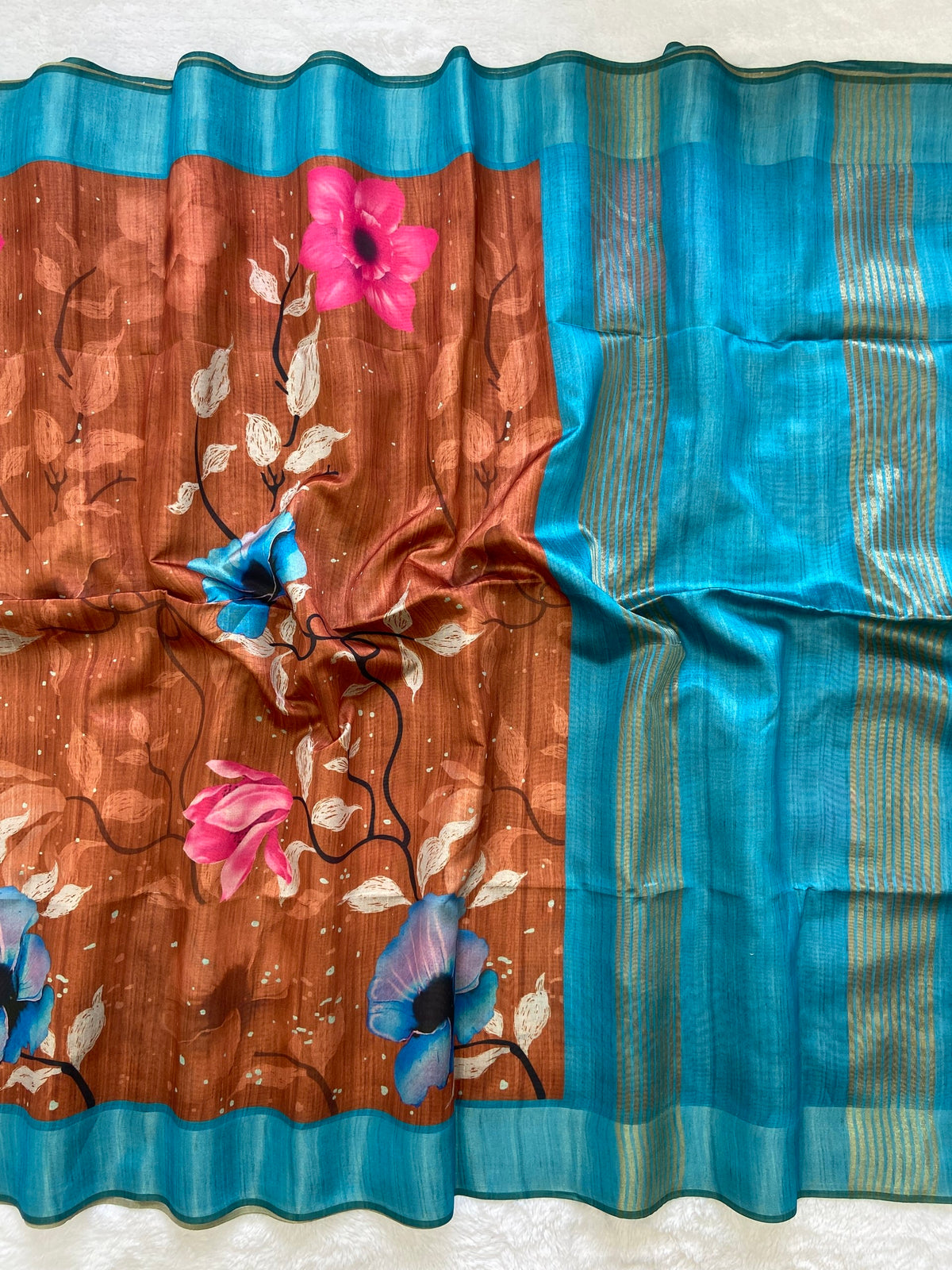 Rust and Sky Blue Tussar Silk Printed Saree with Contrast Pallu, view 2