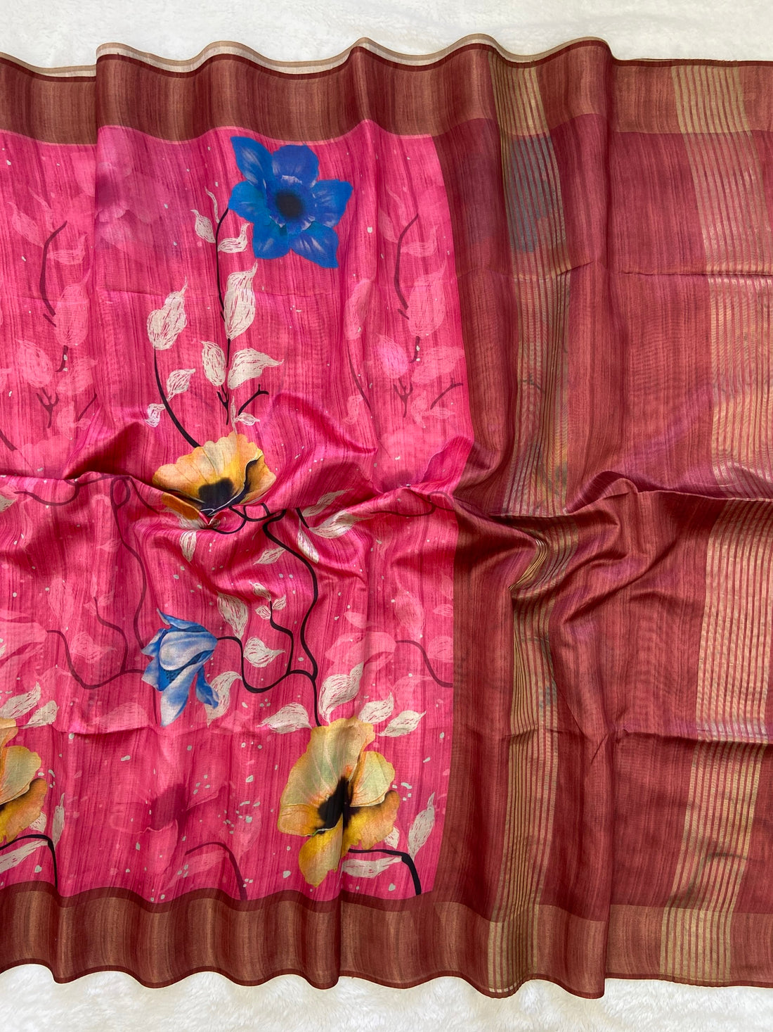 Rani Pink and Maroon Tussar Silk Printed Saree with Contrast Pallu