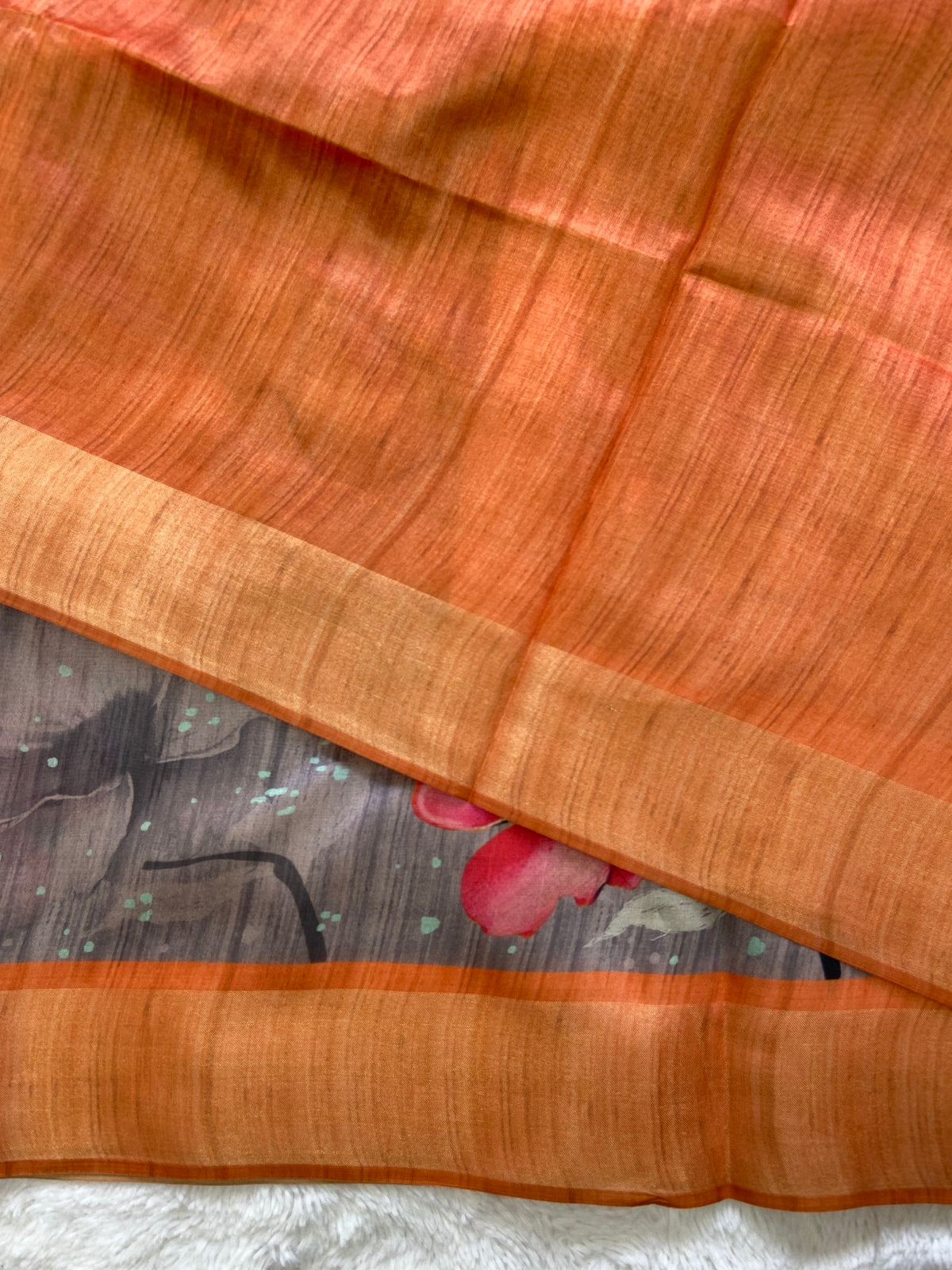 Grey and Orange Tussar Silk Printed Saree with Contrast Pallu, view 3