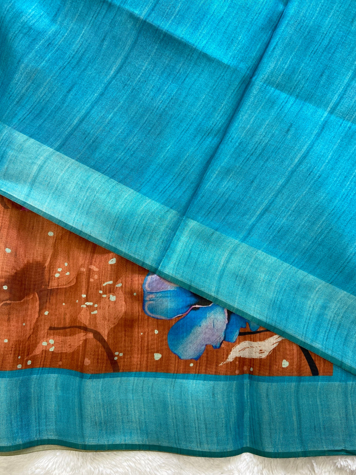 Rust and Sky Blue Tussar Silk Printed Saree with Contrast Pallu, view 3