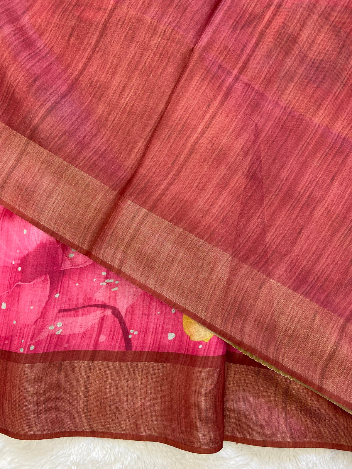 Rani Pink and Maroon Tussar Silk Printed Saree with Contrast Pallu, view 3