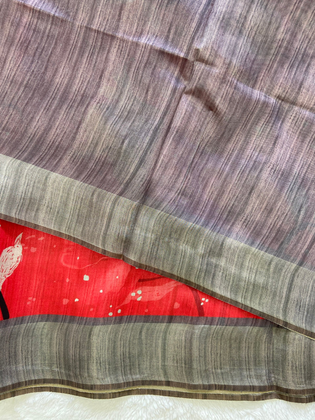 Red and Grey Tussar Silk Printed Saree with Contrast Pallu, view 3