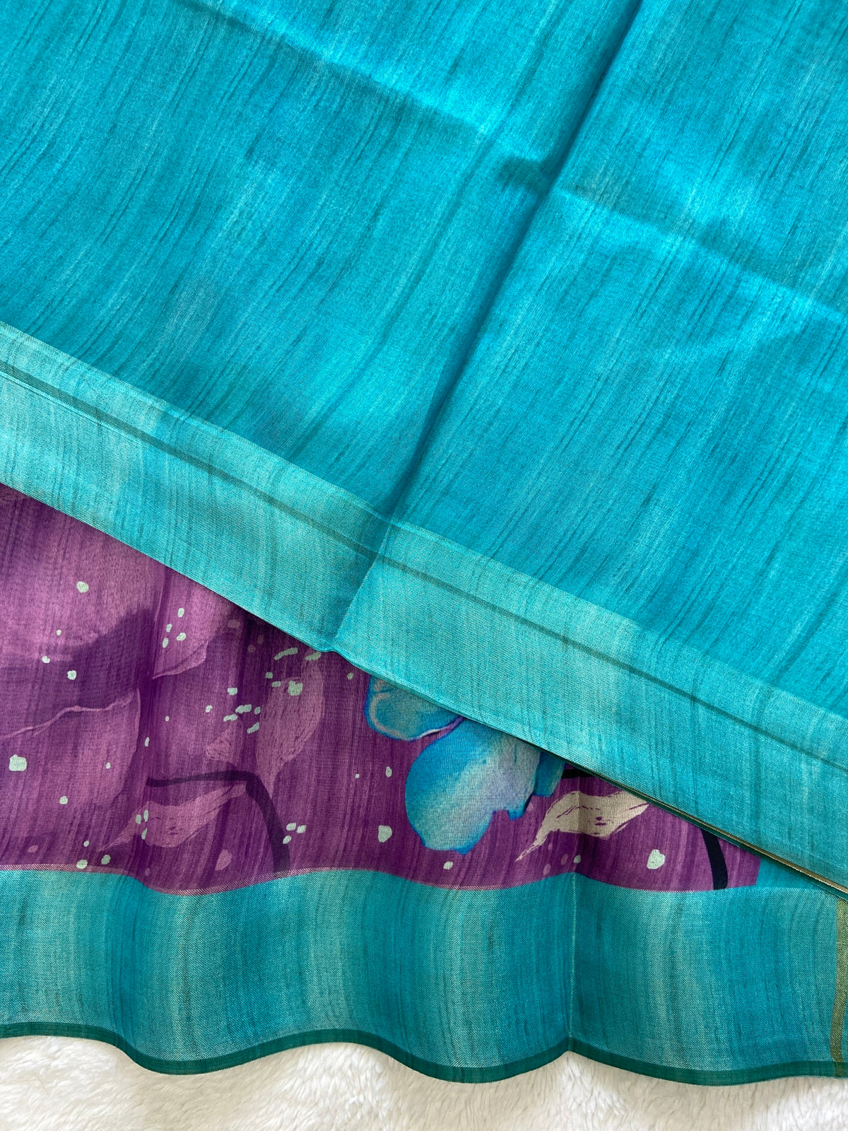 Purple and Sky Blue Tussar Silk Printed Saree with Contrast Pallu, view 3