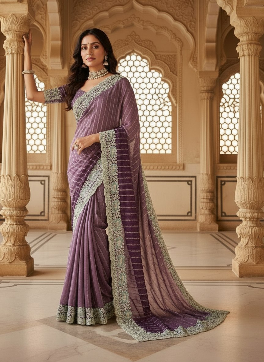 Mauve Embroidered Sequin Saree with Cutwork Border