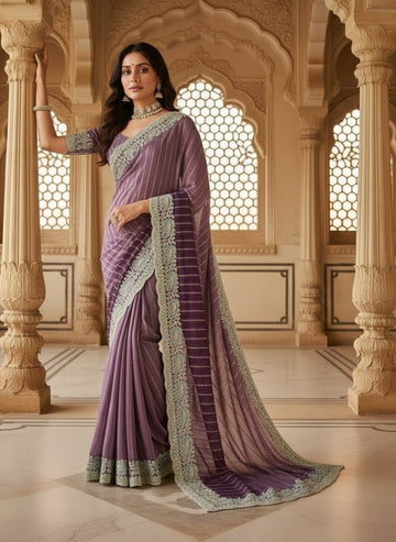 Mauve Embroidered Sequin Saree with Cutwork Border