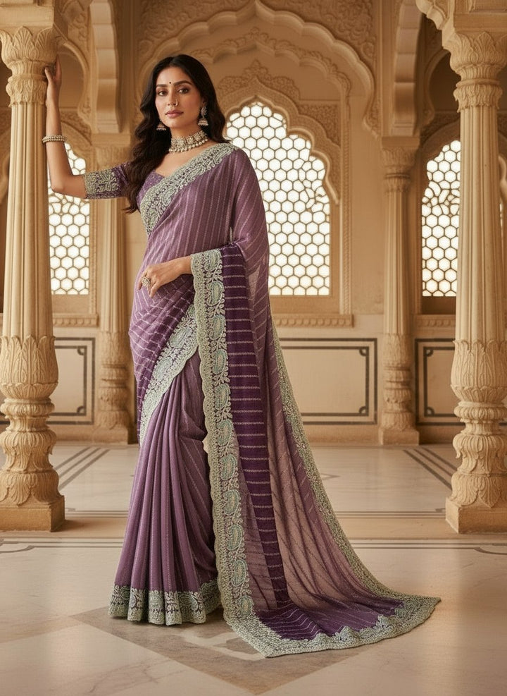 Mauve Embroidered Sequin Saree with Cutwork Border