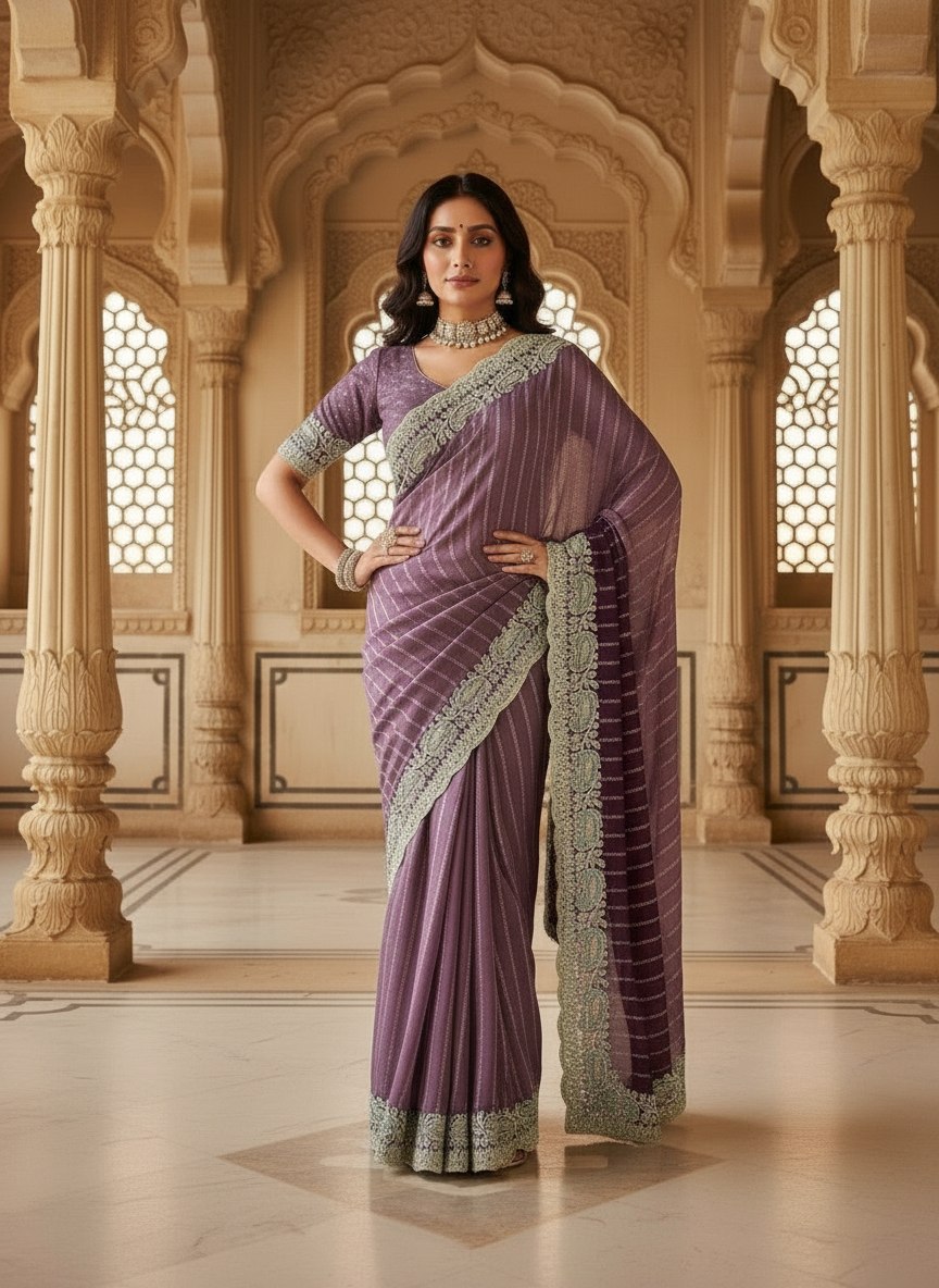Mauve Embroidered Sequin Saree with Cutwork Border, view 2
