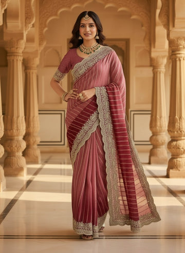 Rose Pink Embroidered Sequin Saree with Cutwork Border