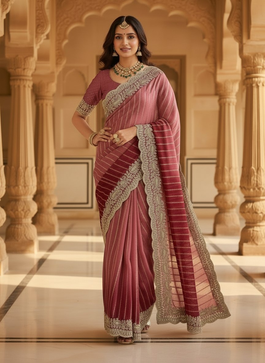 Rose Pink Embroidered Sequin Saree with Cutwork Border