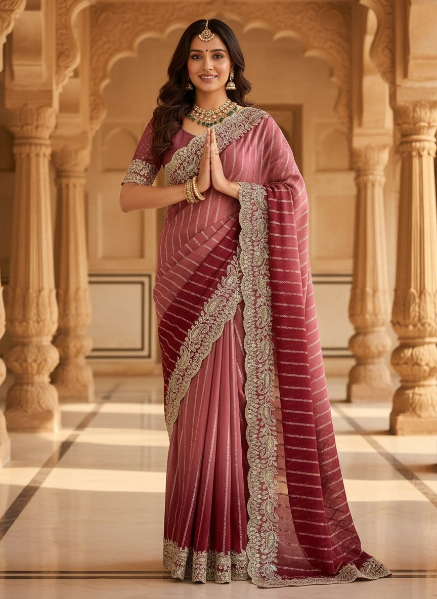Rose Pink Embroidered Sequin Saree with Cutwork Border, view 2