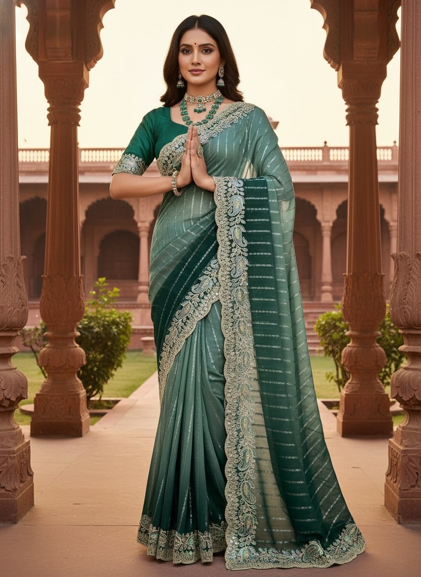 Teal Green Embroidered Sequin Saree with Cutwork Border