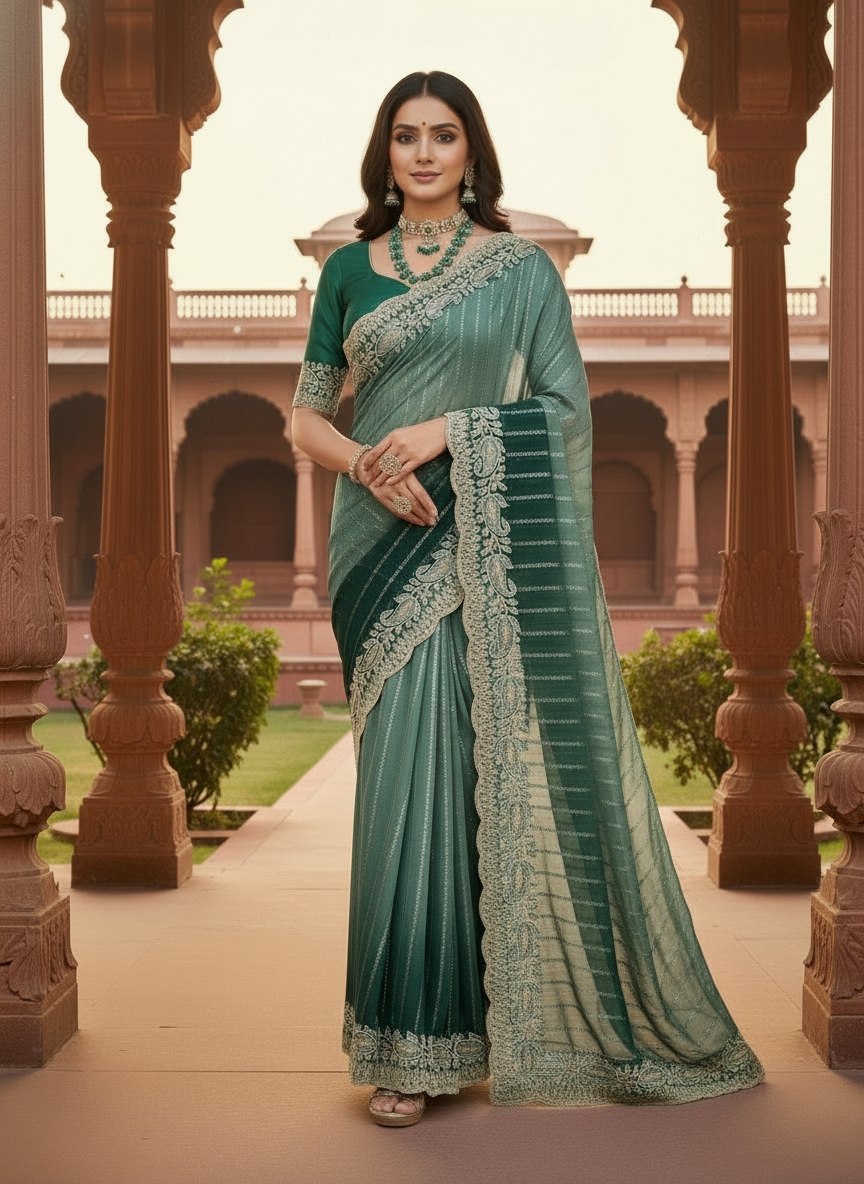 Teal Green Embroidered Sequin Saree with Cutwork Border, view 2
