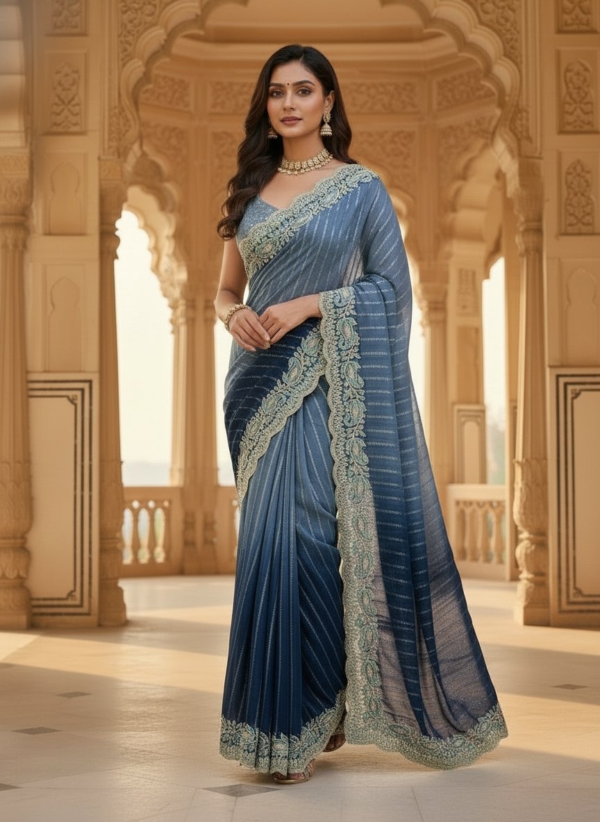 Blue Embroidered Sequin Saree with Cutwork Border