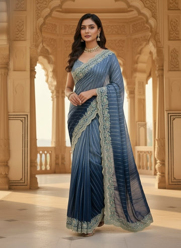 Blue Embroidered Sequin Saree with Cutwork Border