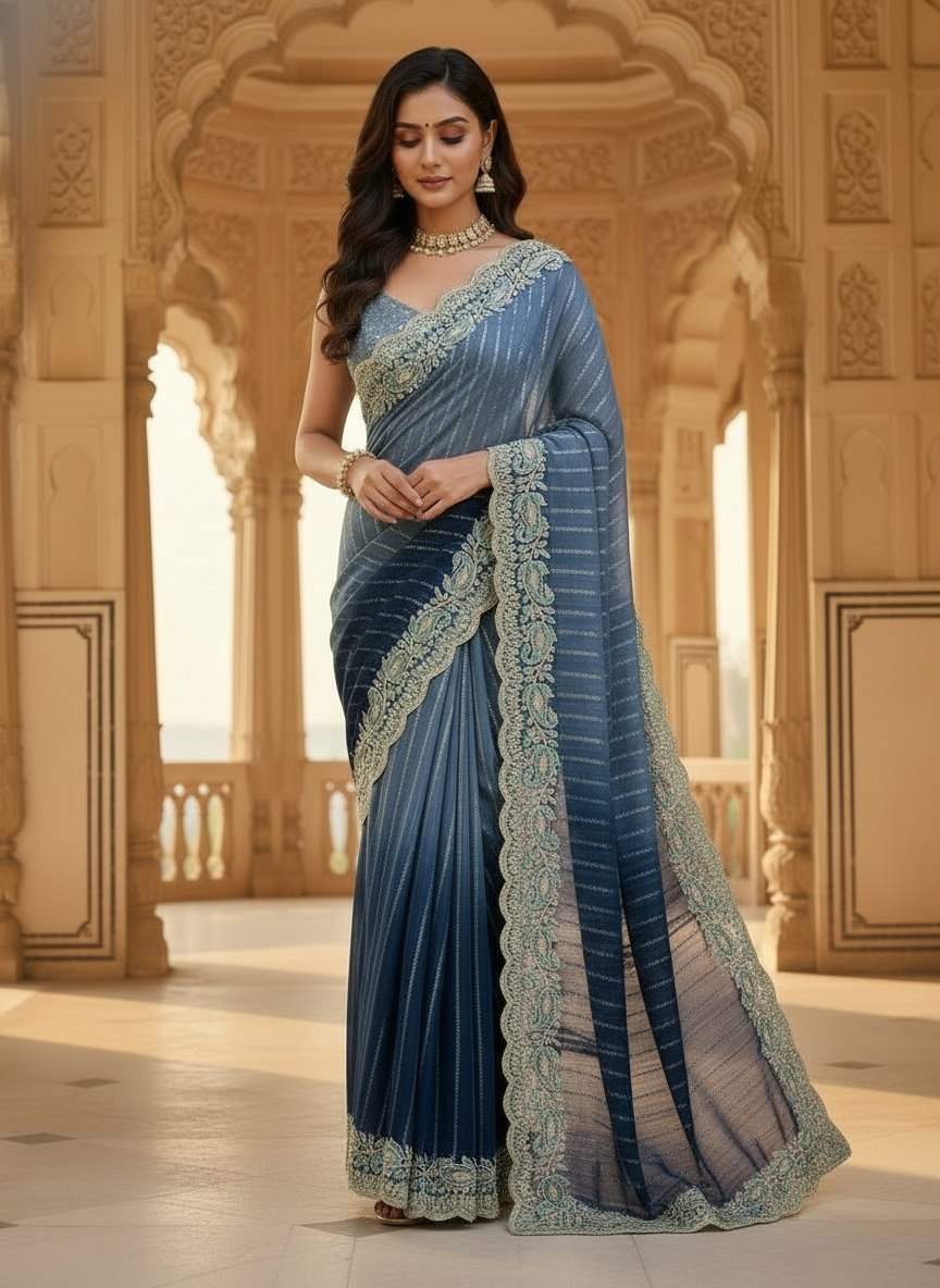 Blue Embroidered Sequin Saree with Cutwork Border, view 2