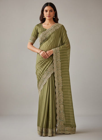 Olive Green Embroidered Sequin Saree with Cutwork Border