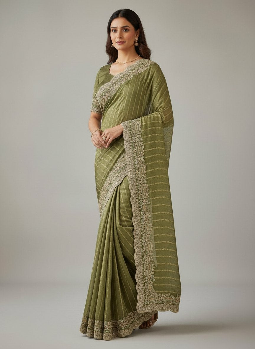 Olive Green Embroidered Sequin Saree with Cutwork Border, view 2