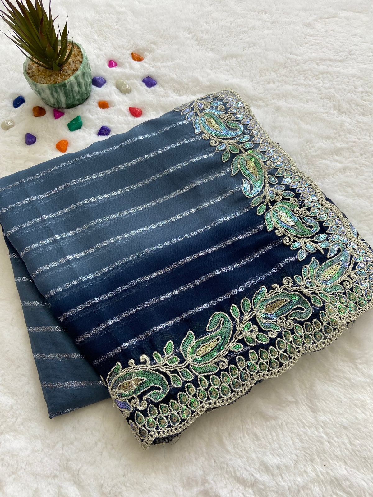 Blue Embroidered Sequin Saree with Cutwork Border, view 3