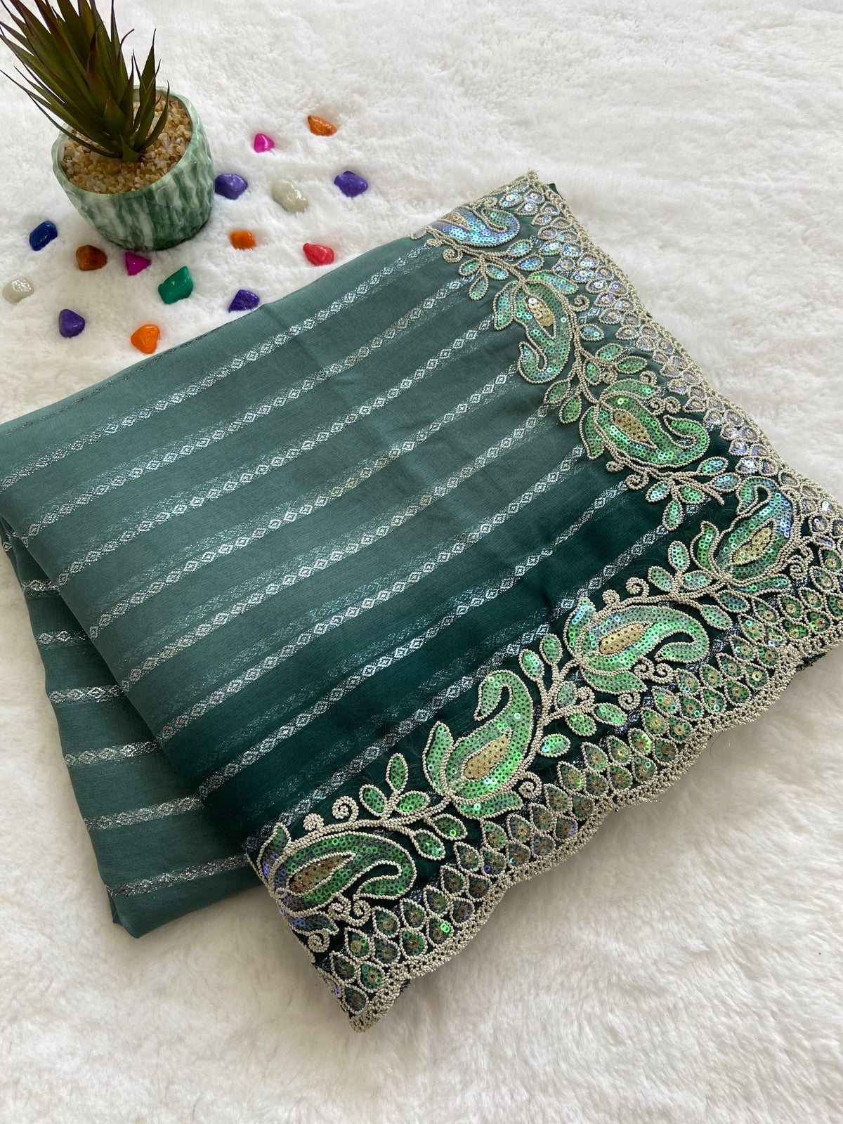 Teal Green Embroidered Sequin Saree with Cutwork Border, view 3