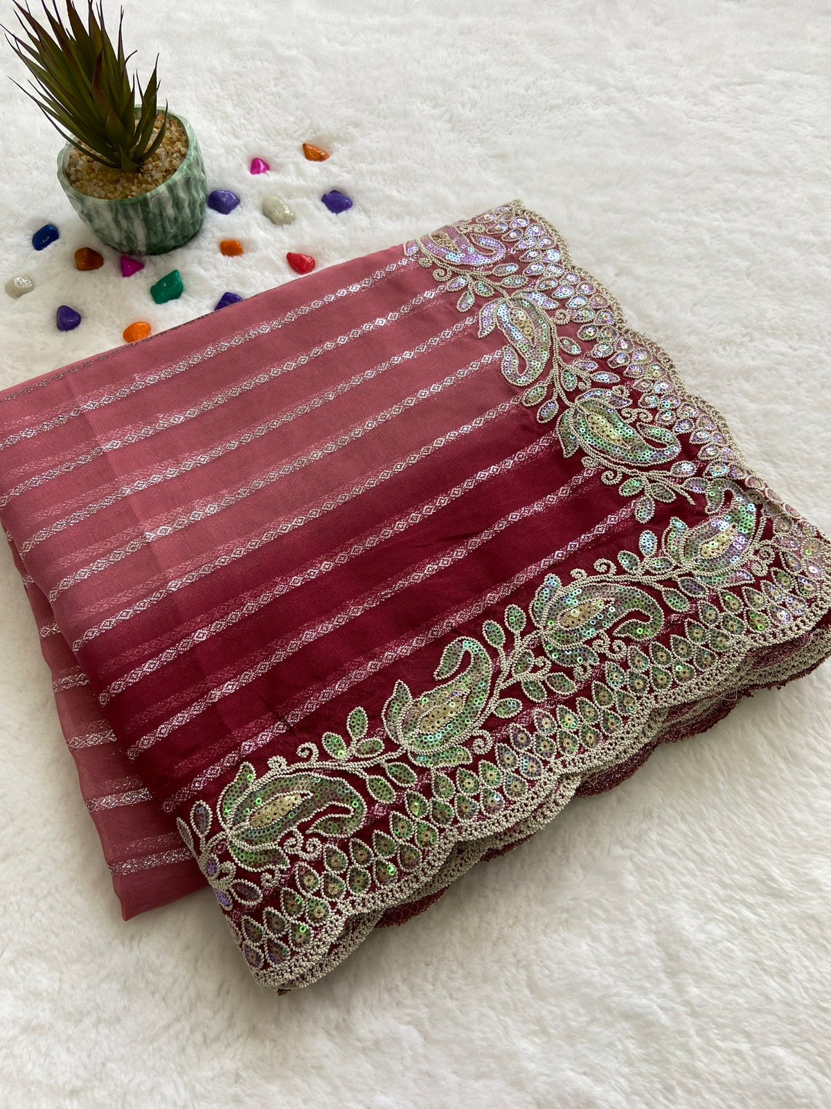 Rose Pink Embroidered Sequin Saree with Cutwork Border, view 3