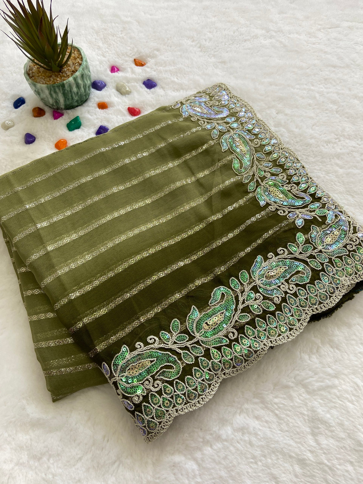 Olive Green Embroidered Sequin Saree with Cutwork Border, view 3