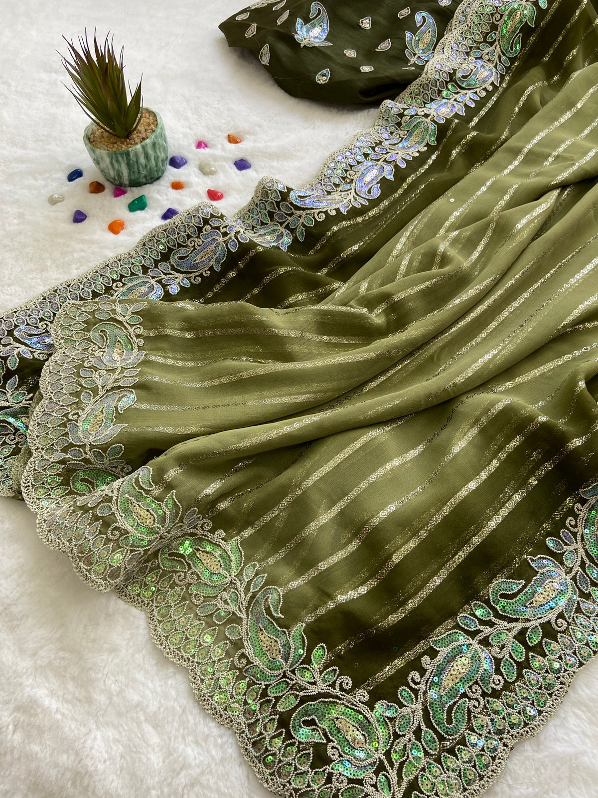 Olive Green Embroidered Sequin Saree with Cutwork Border, view 4